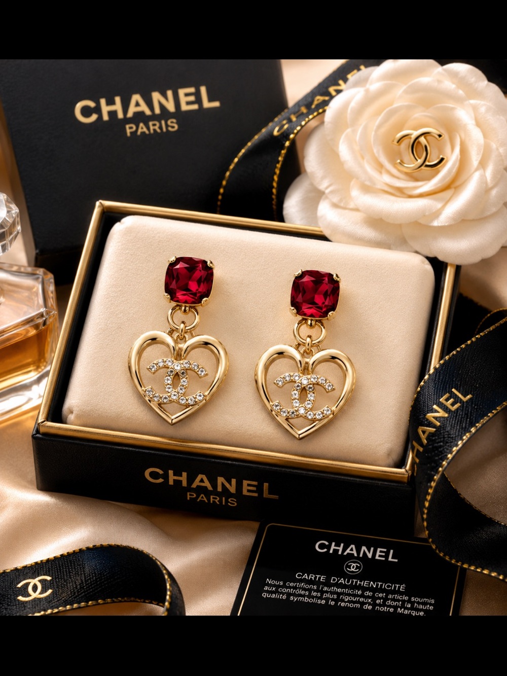 Gold-Tone Red Drop Earrings with Crystal Pavé Dangles
